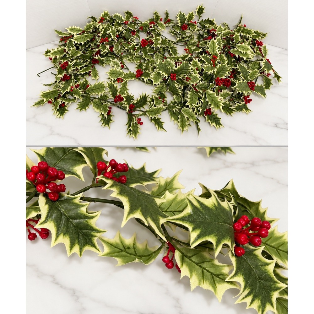 Vtg Silk Fabric Holly Garland Variegated Leaves Red Berries 18 ft Plastic Chain
